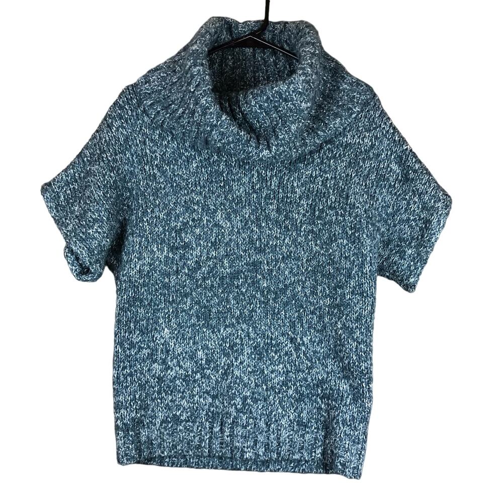 Niotto Womens Sweater Blue Cowl Neck Short Sleeve Wool Blend Ribbed Small